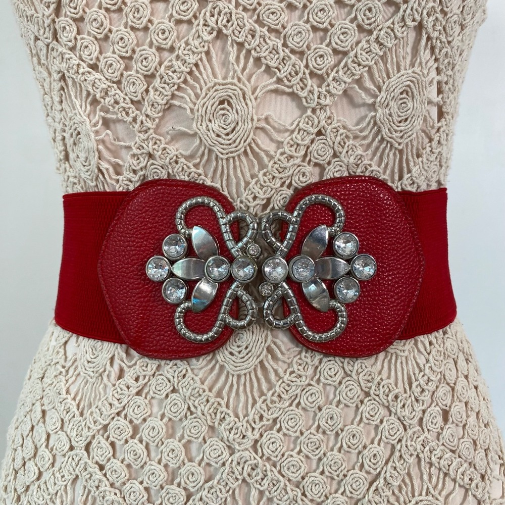 Vintage Statement Red Cowgirl Belt Rhinestone Bling Size M Wide Elastic Boho - Picture 2 of 10